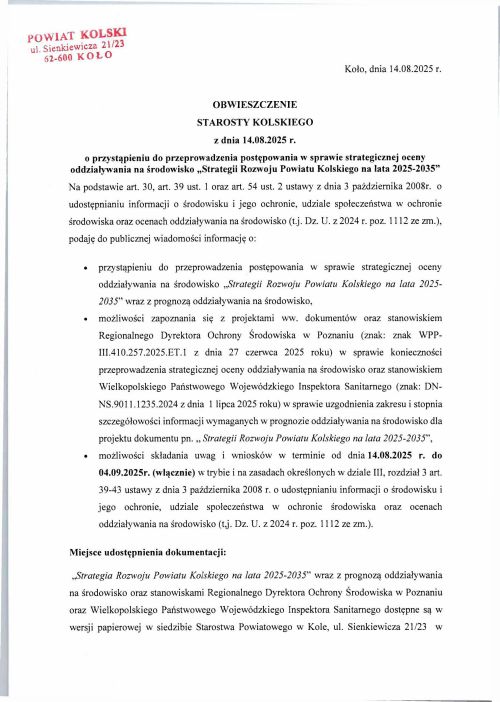 Obwieszczenie Starosty Kolskiego  z dnia 14.08.2025r. o przystąpieniu do przeprowadzenia post.-obrazy-0